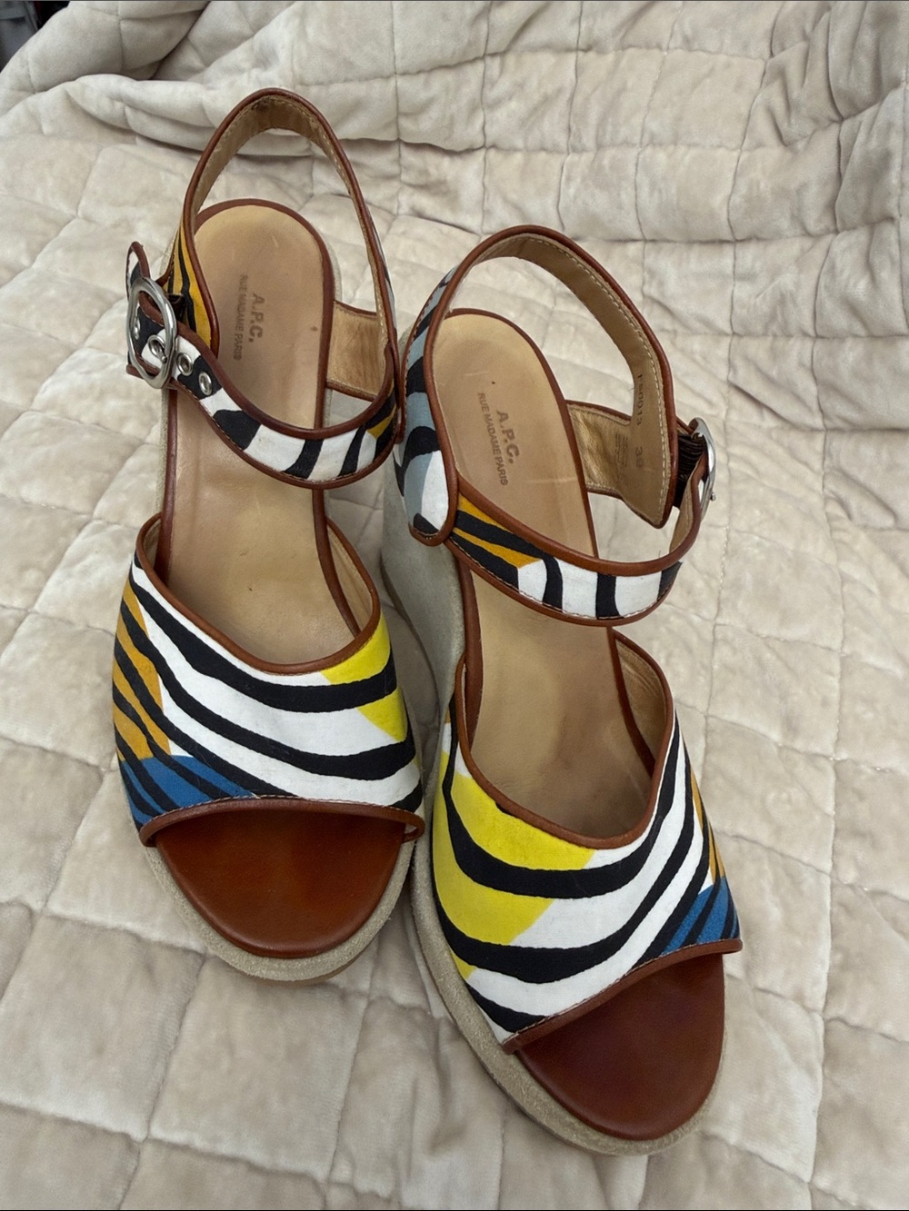 A.P.C. Striped Yellow Blue Black White Brown Leather Espadrille Wedges